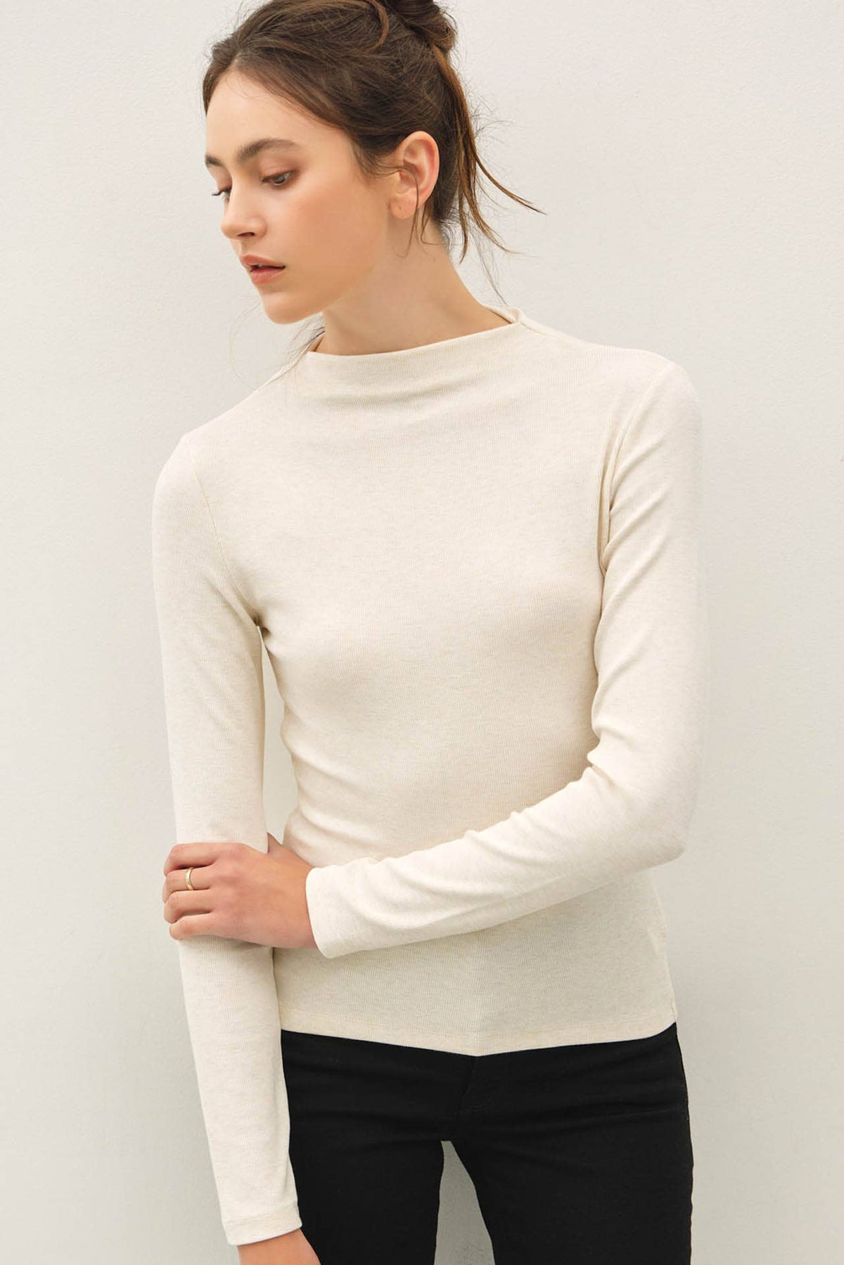 Off White Basic Ribbed Mockneck Knit Top, Feathered Farmhouse