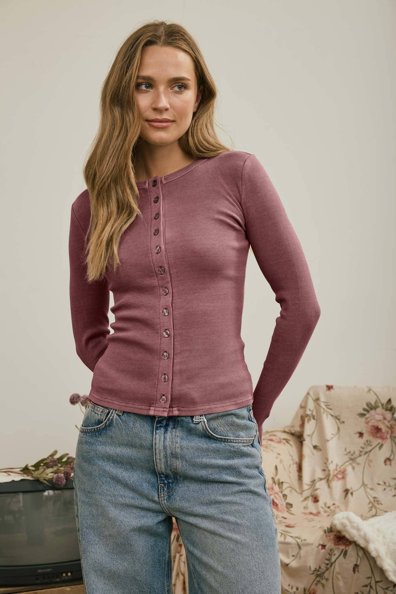 Button Front Round Neck Long Sleeve Knit Top, Feathered Farmhouse 