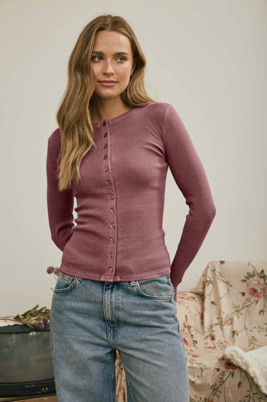 Button Front Round Neck Long Sleeve Knit Top, Feathered Farmhouse 