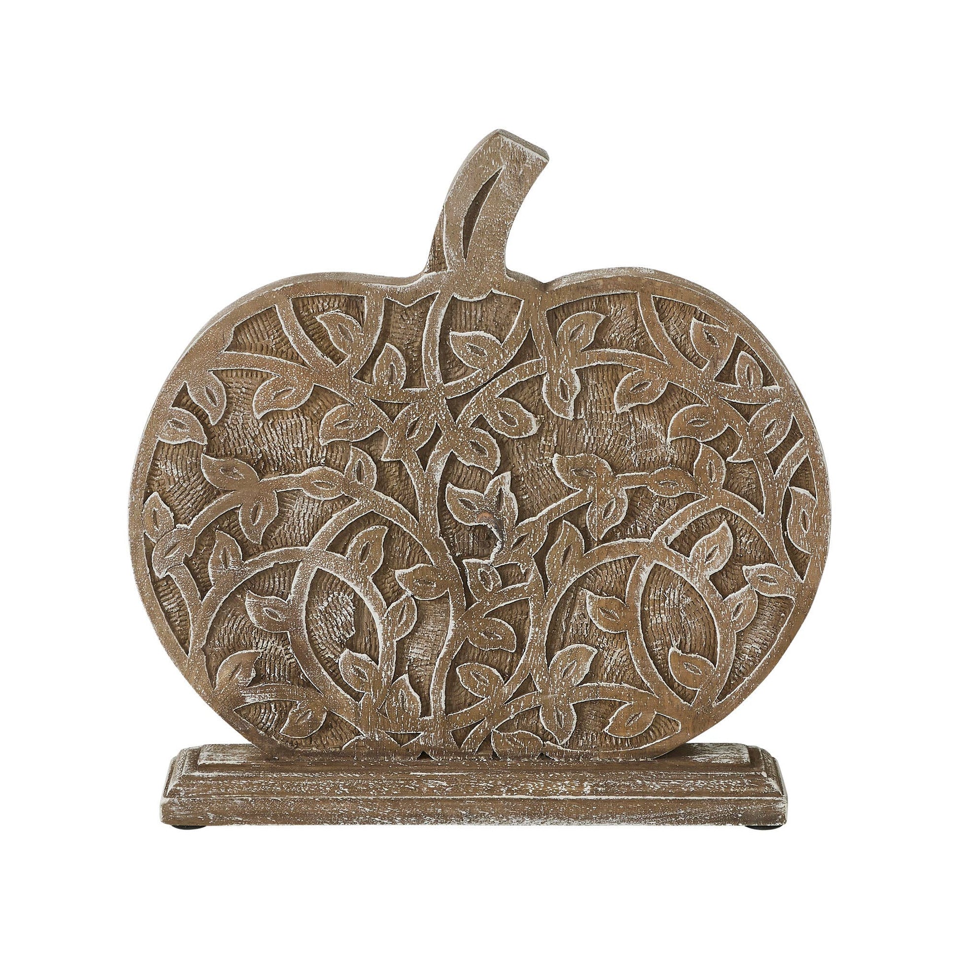 Harvest Vine Carved Wooden Pumpkin Tabletop Sign, Feathered Farmhouse