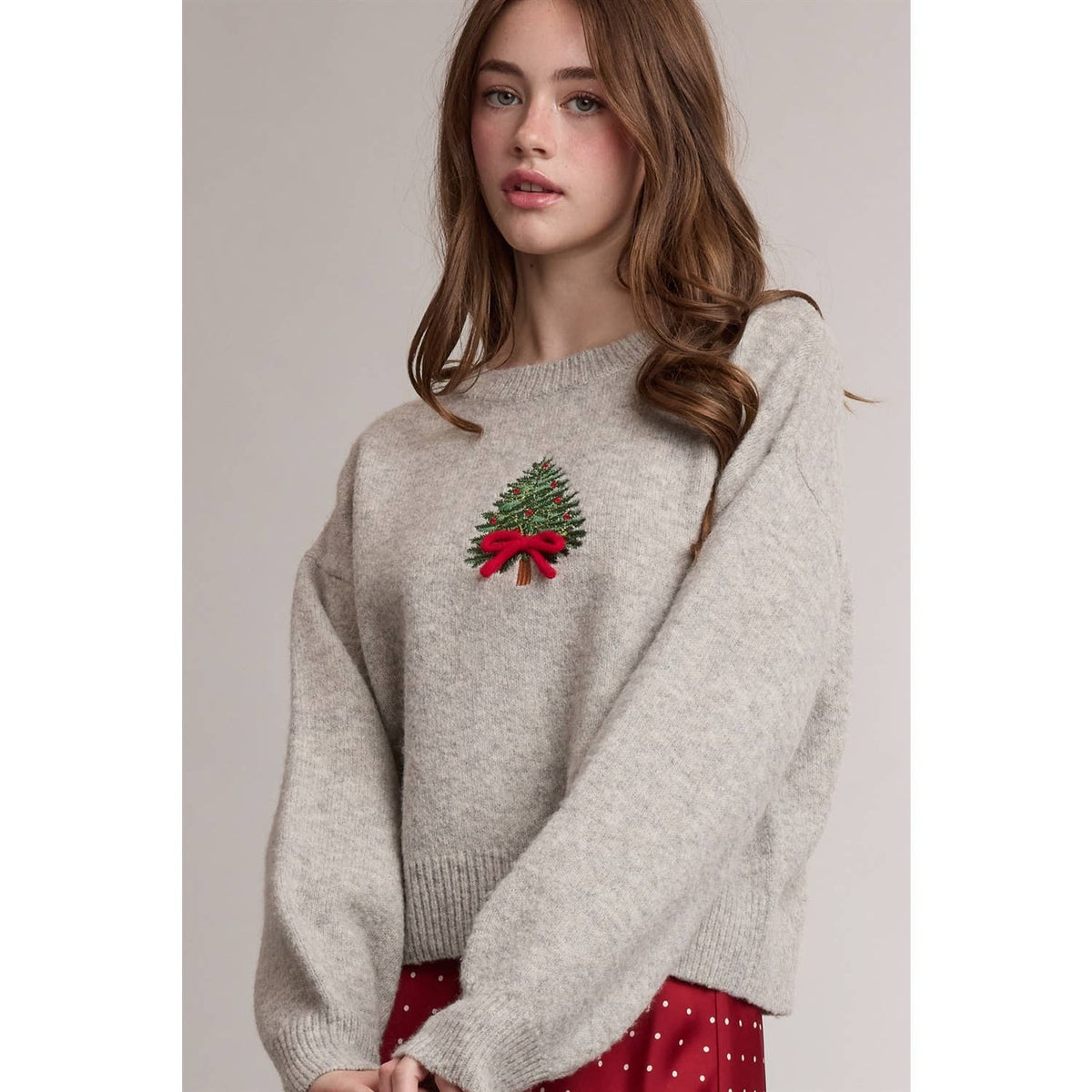 Christmas Tree Embroidered Graphic Sweater, Feathered Farmhouse