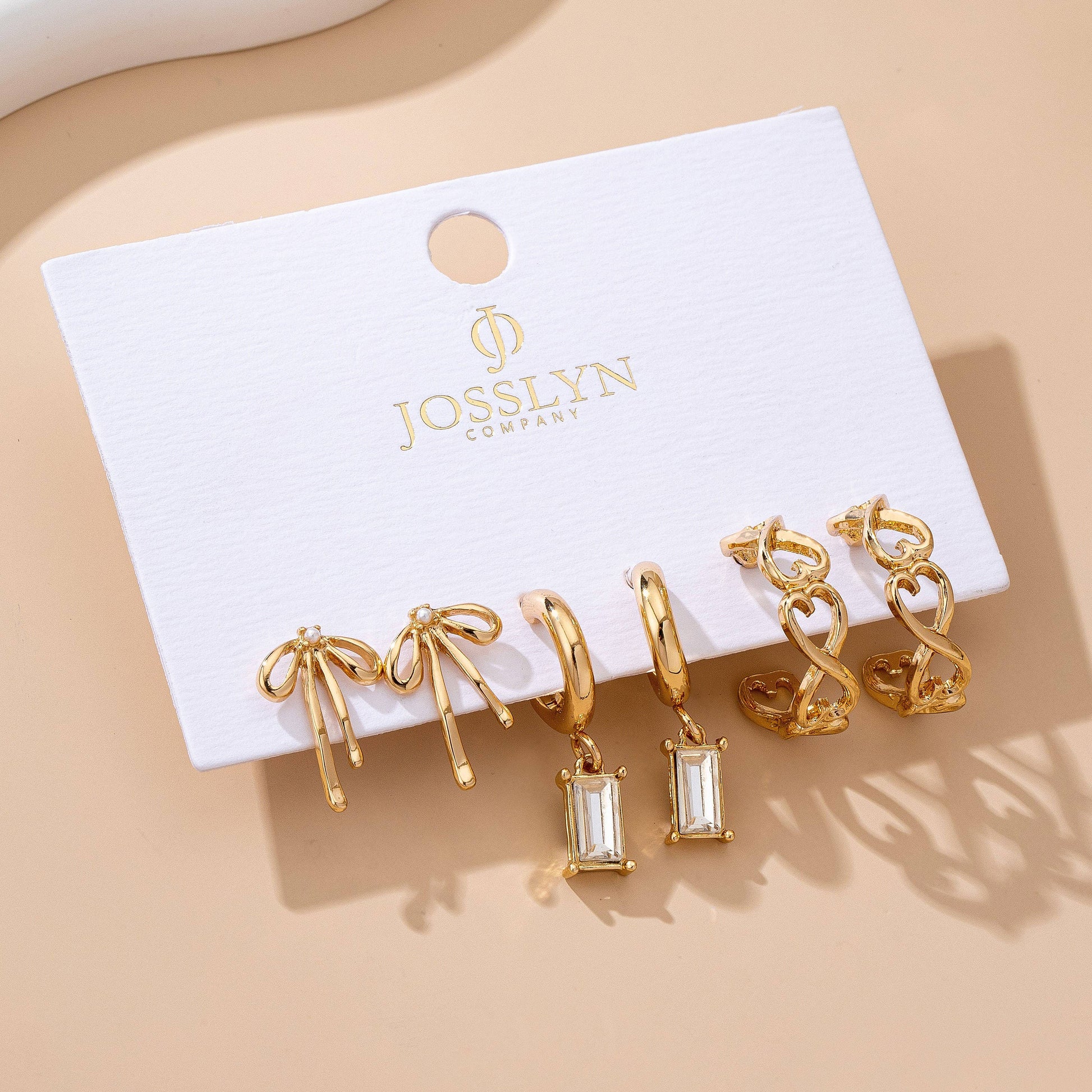 Baguette Stone Hoop Bow Trio Earring Set, Feathered Farmhouse