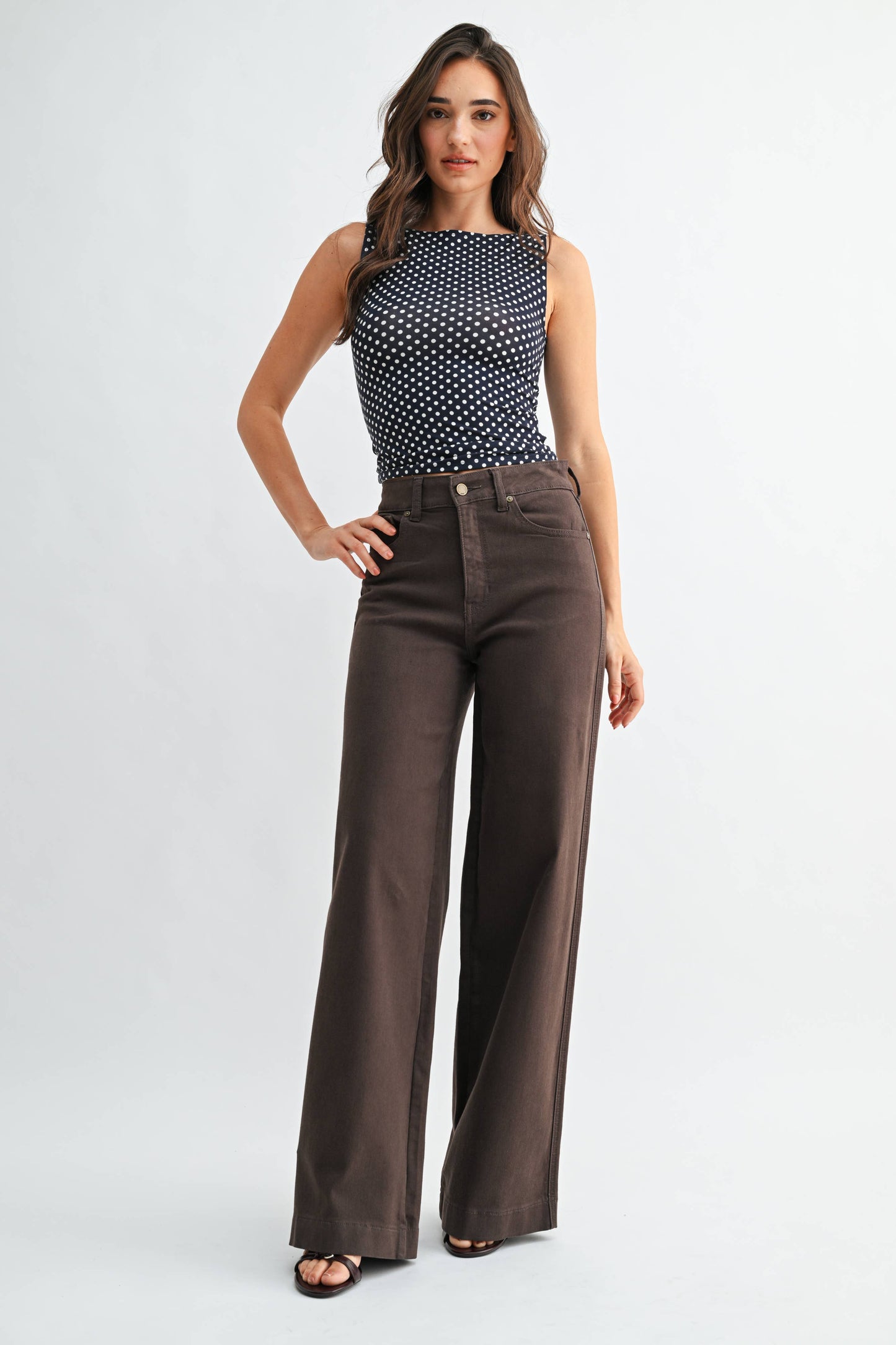 Dark Brown High Rise Full Length Wide Leg, Feathered Farmhouse