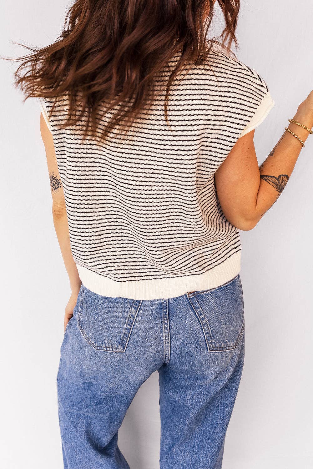 Stripe Contrast Trim Cap Sleeve Buttoned Cardigan, Feathered Farmhouse