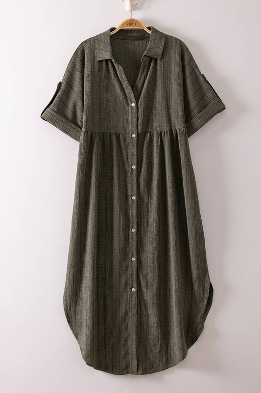 Olive Striped Linen Button Down Dress