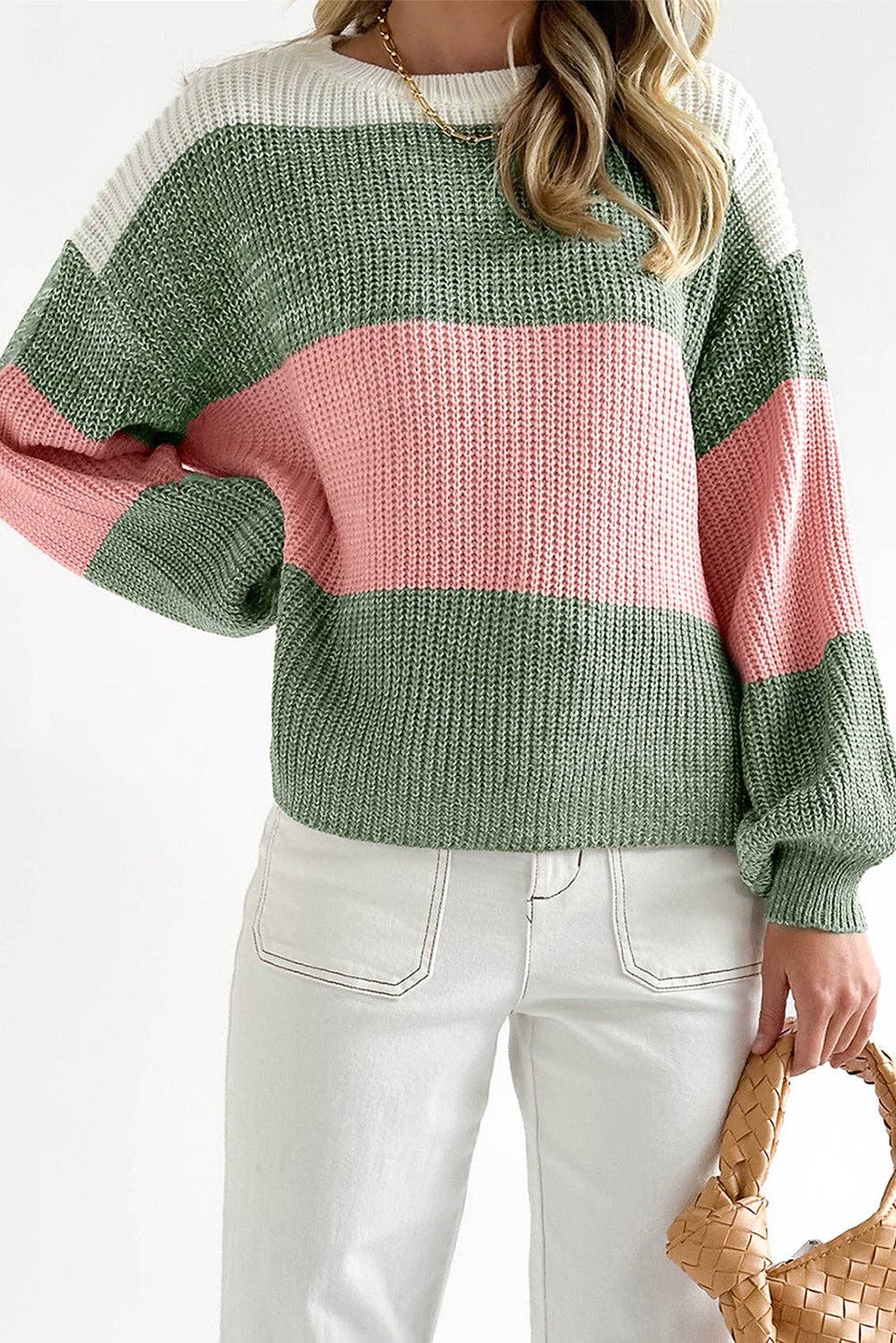 Green Colorblock Drop Shoulder Pullover Loose Sweater, The Feathered Farmhouse