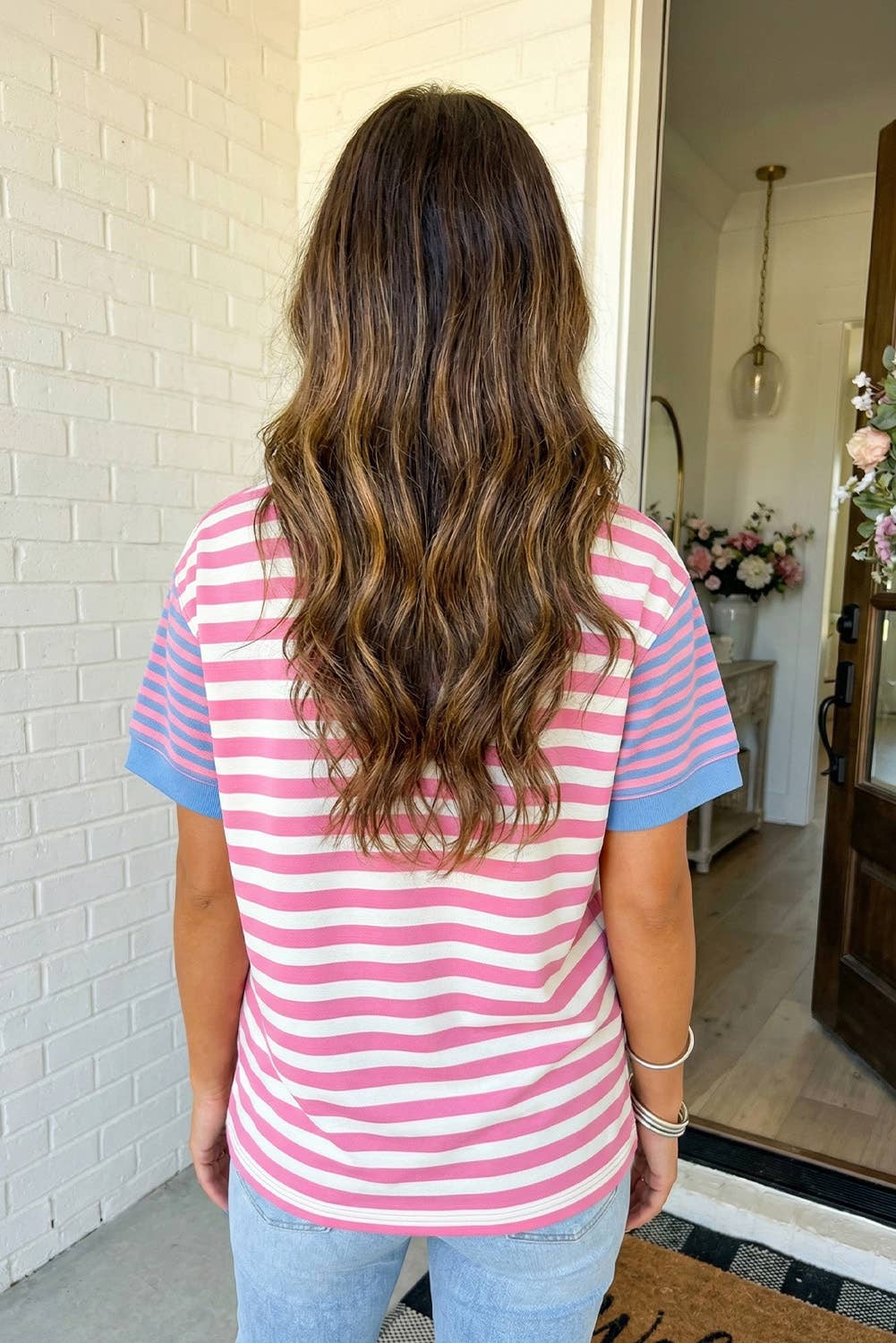 Stripe Contrast Crew Neck Tee, Feathered Farmhouse