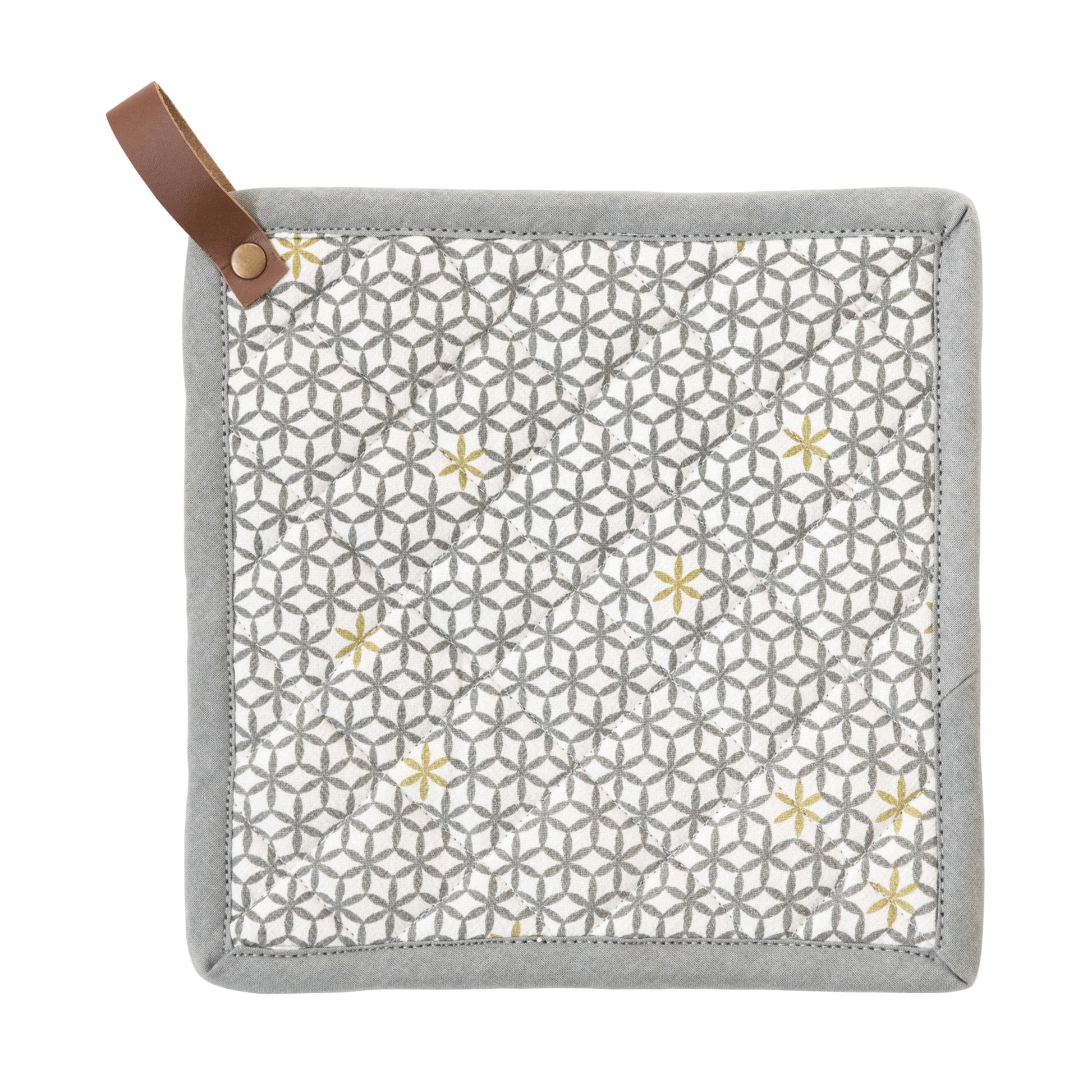 Square Cotton Pot Holder with Leather Loop, Feathered Farmhouse