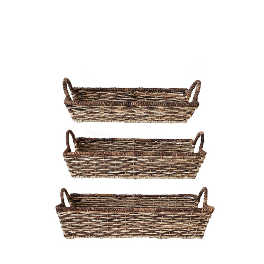 Decorative Hand-Woven Buri & Abaca Trays w/ Handles, Feathered Farmhouse