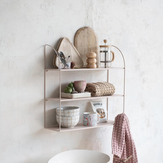 Blush Metal Wall Shelf with Three Shelves, Feathered Farmhouse