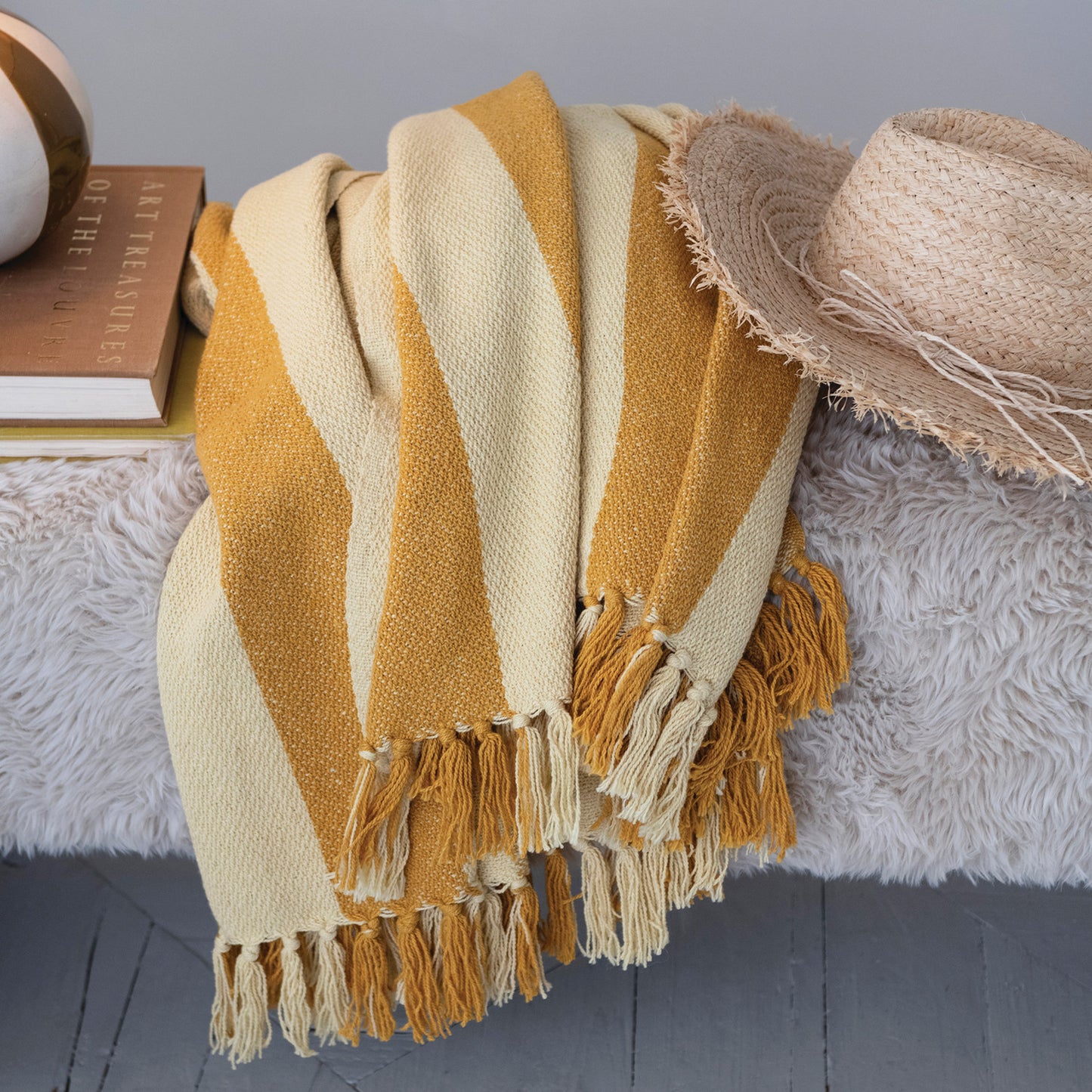 Woven Recycled Cotton Blend Striped Throw with Fringe, Feathered Farmhouse