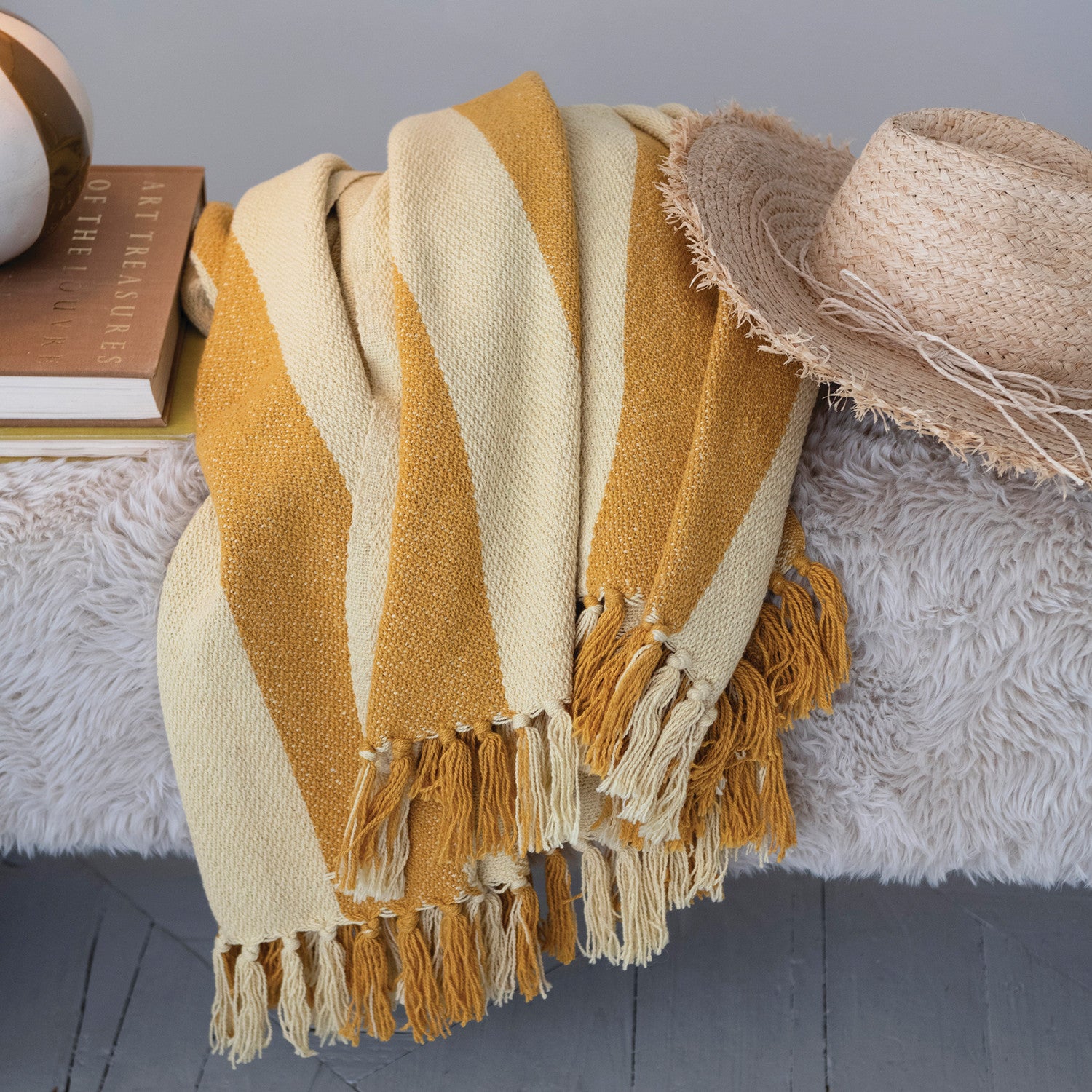 Woven Recycled Cotton Blend Striped Throw with Fringe, Feathered Farmhouse