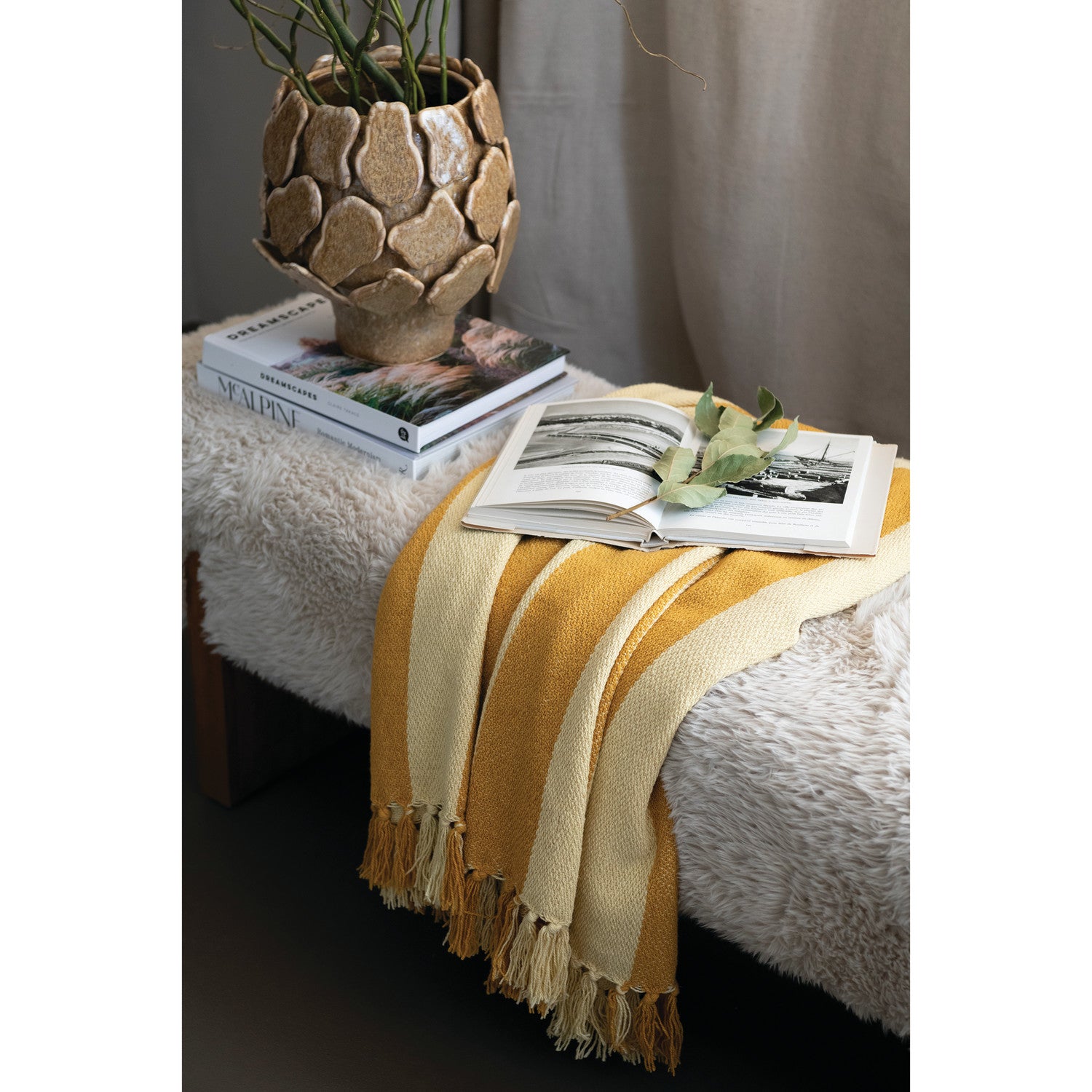 Woven Recycled Cotton Blend Striped Throw with Fringe, Feathered Farmhouse
