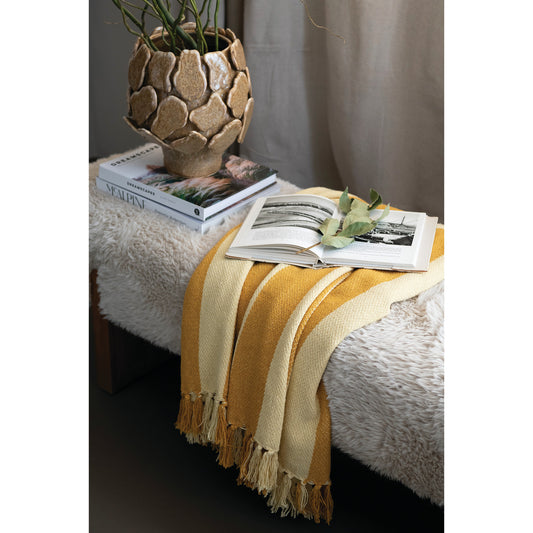 Woven Recycled Cotton Blend Striped Throw with Fringe, Feathered Farmhouse