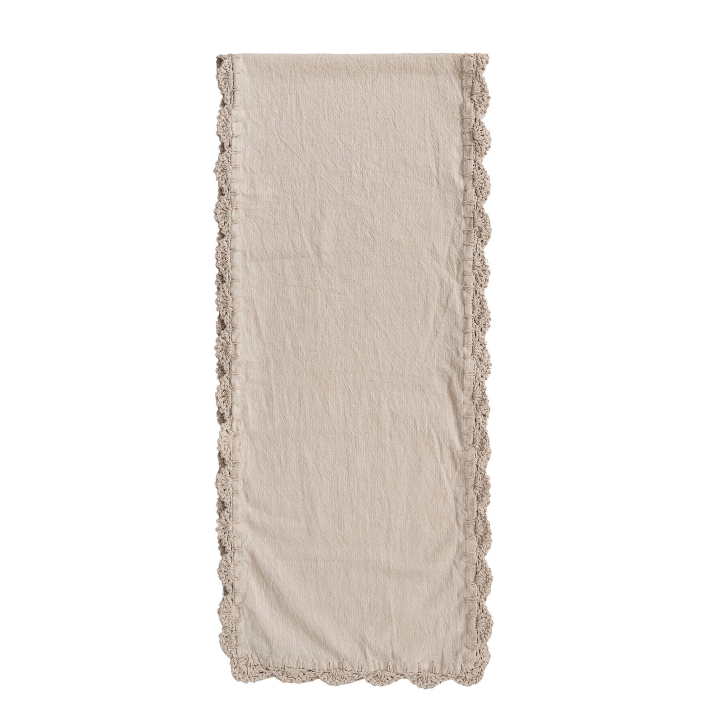 Cotton Table Runner with Crocheted Trim, Feathered Farmhouse