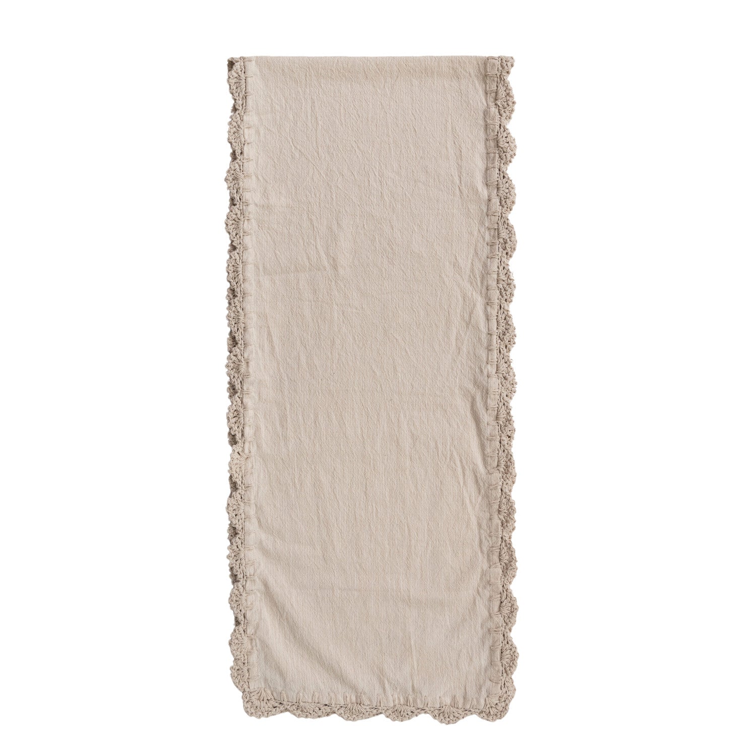 Cotton Table Runner with Crocheted Trim, Feathered Farmhouse