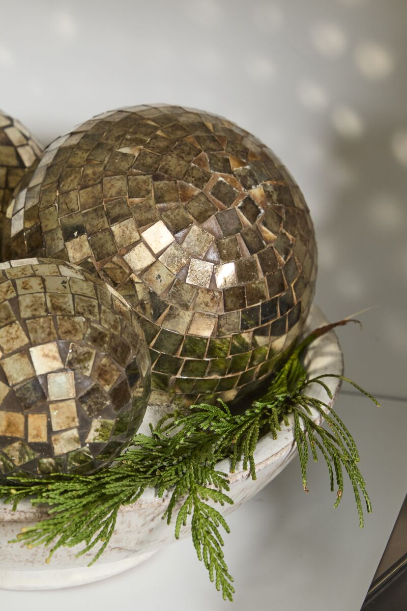 Antiqued Disco Ball Ornament, Feathered Farmhouse