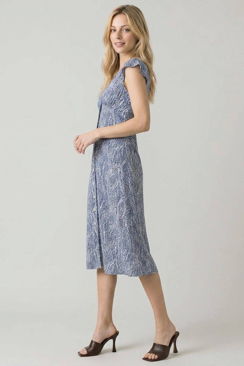 Abstract Print V Neck Button Down Midi Dress, Feathered Farmhouse