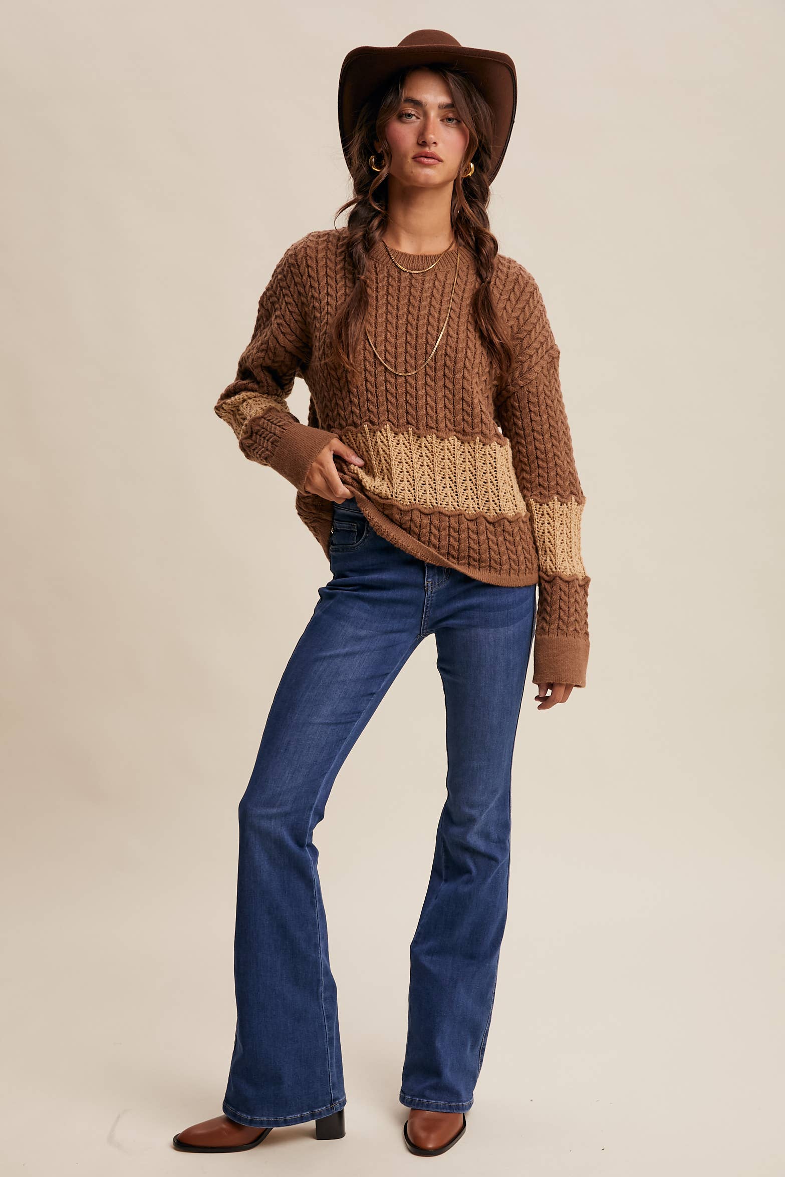 Colorblock Cable Knit Sweater, Feathered Farmhouse