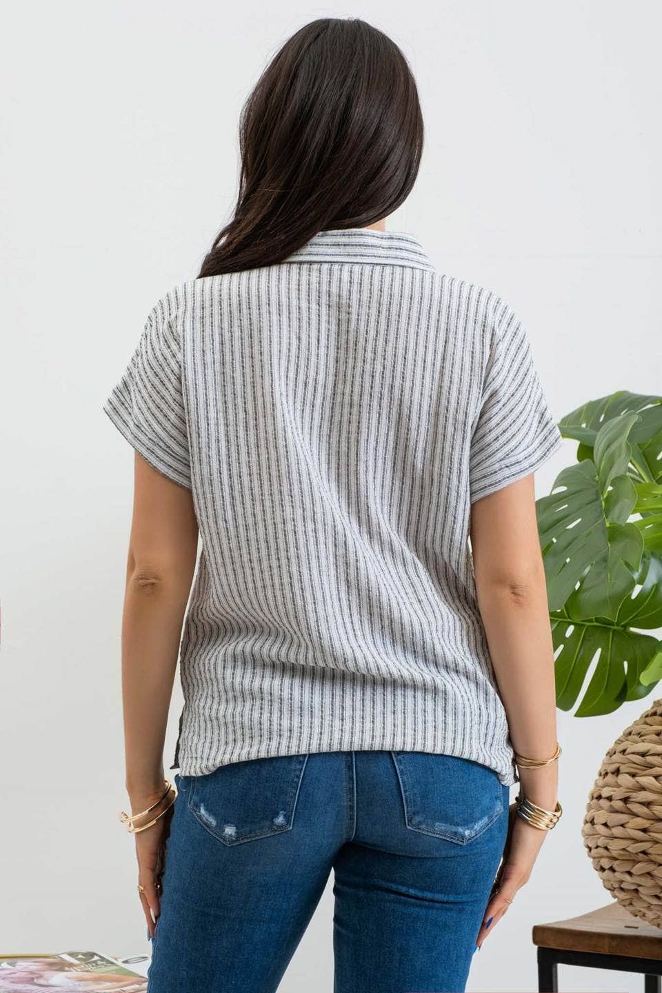 Black Stripe Collared Shirt, Feathered Farmhouse