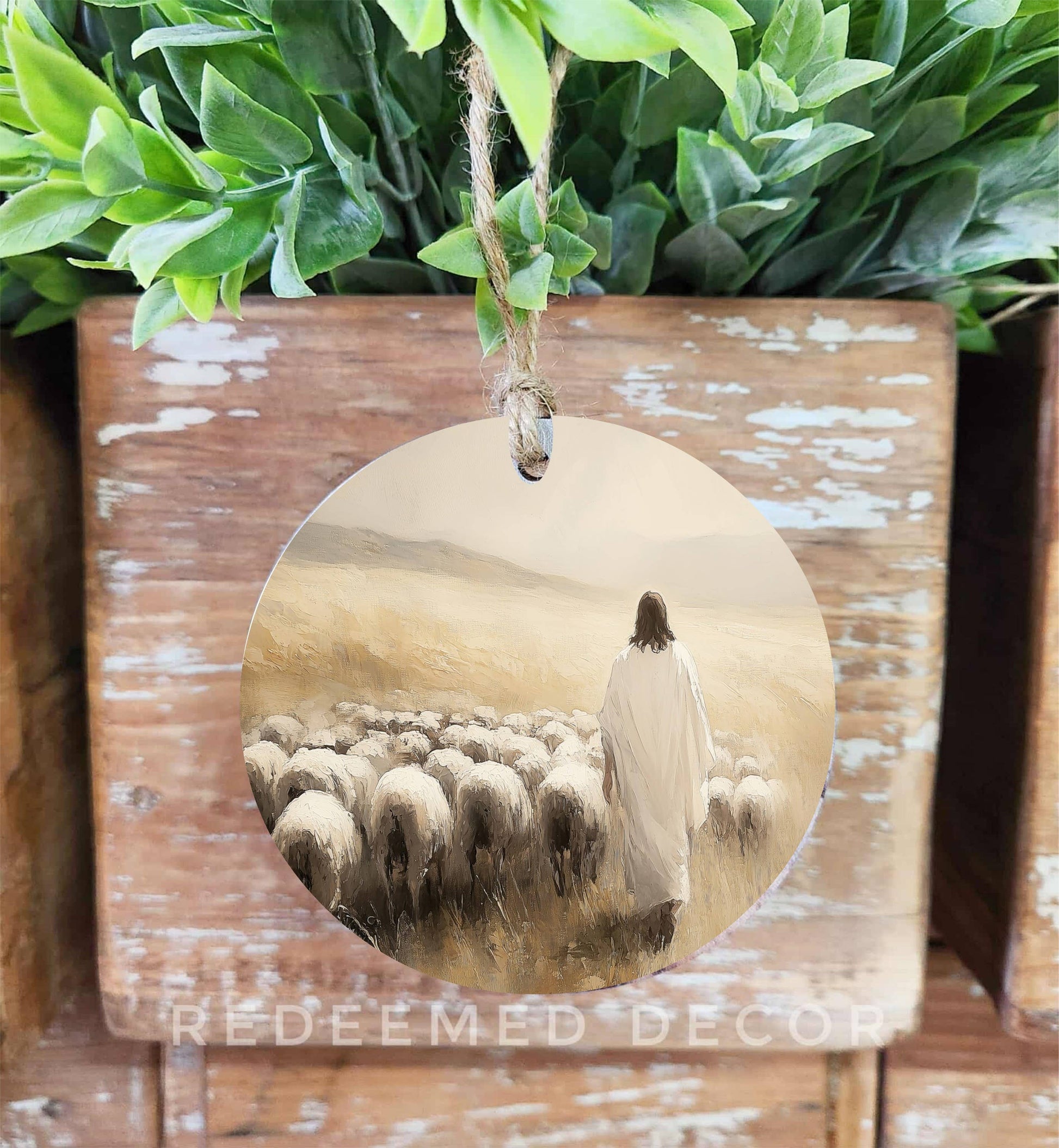 Jesus Sheep Wood Ornament, Feathered Farmhouse
