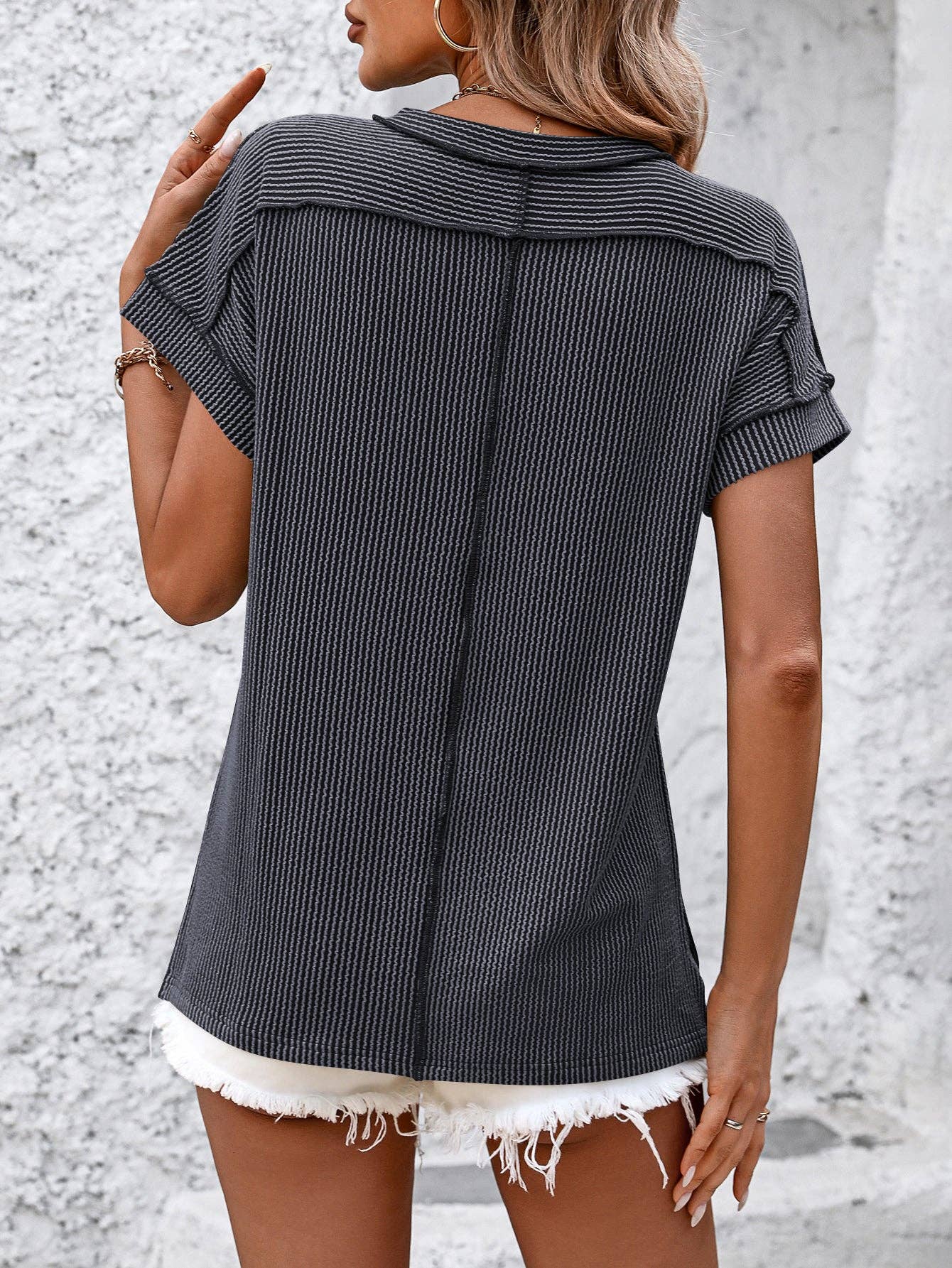 Backstitch Strip Knit Casual Top, Feathered Farmhouse