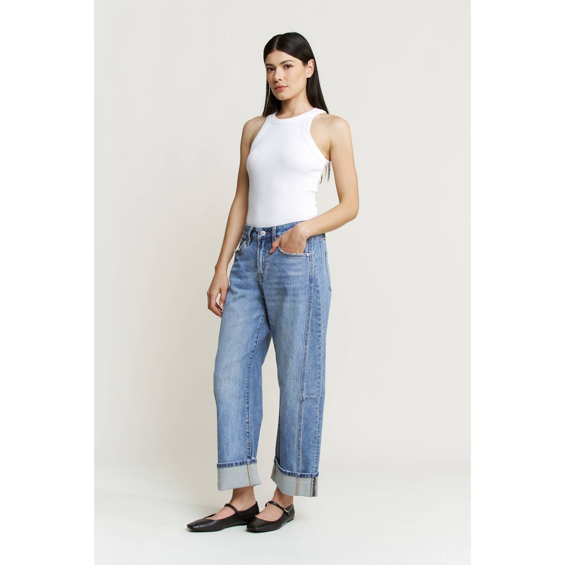 High Rise Barrel-Leg Cuffed Jeans, Feathered Farmhouse