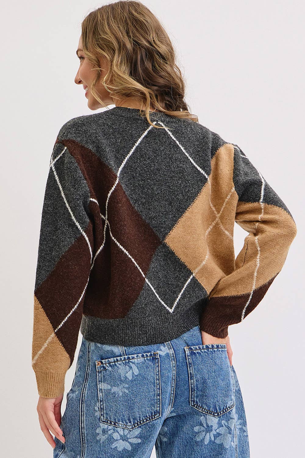 V-Neck Argyle Knit Sweater, Feathered Farmhouse