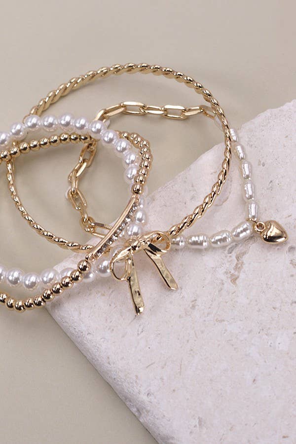 Bow Pearl Rhinestone Bar Stretch Bangle Set, Feathered Farmhouse