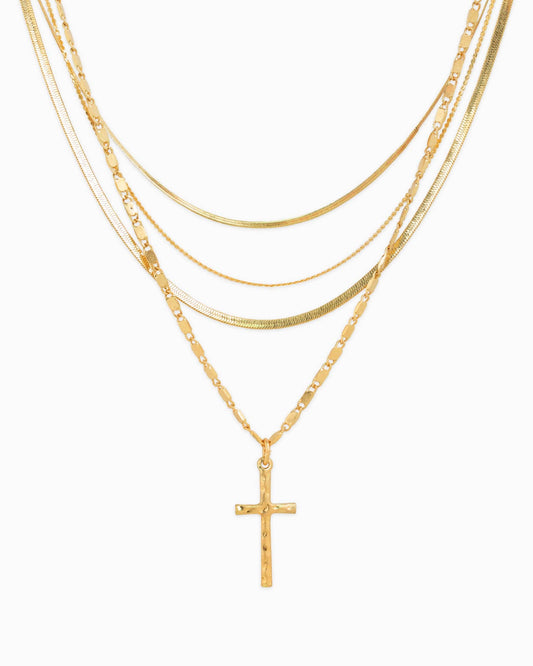 Layered Snake Chain Cross Necklace, Feathered Farmhouse