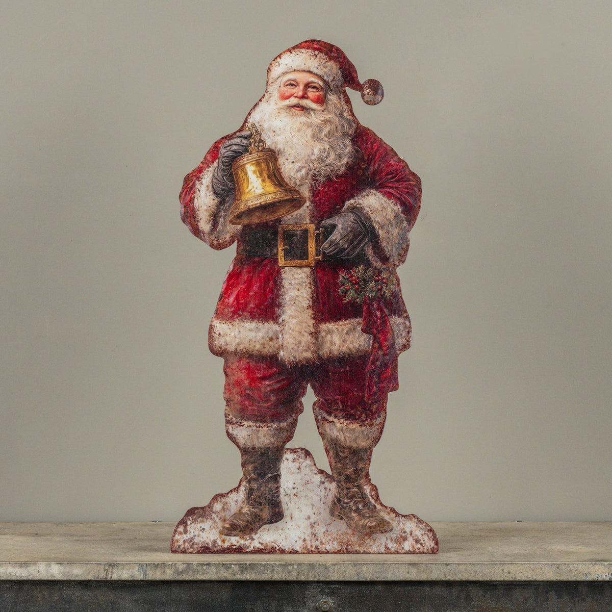 Metal Standing Santa with Bell, Feathered Farmhouse
