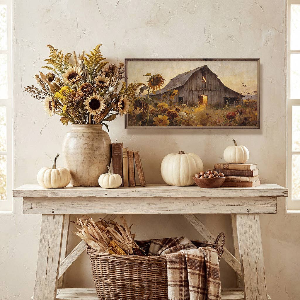 Weathered Barn In Sunflower Autumn Field, Feathered Farmhouse