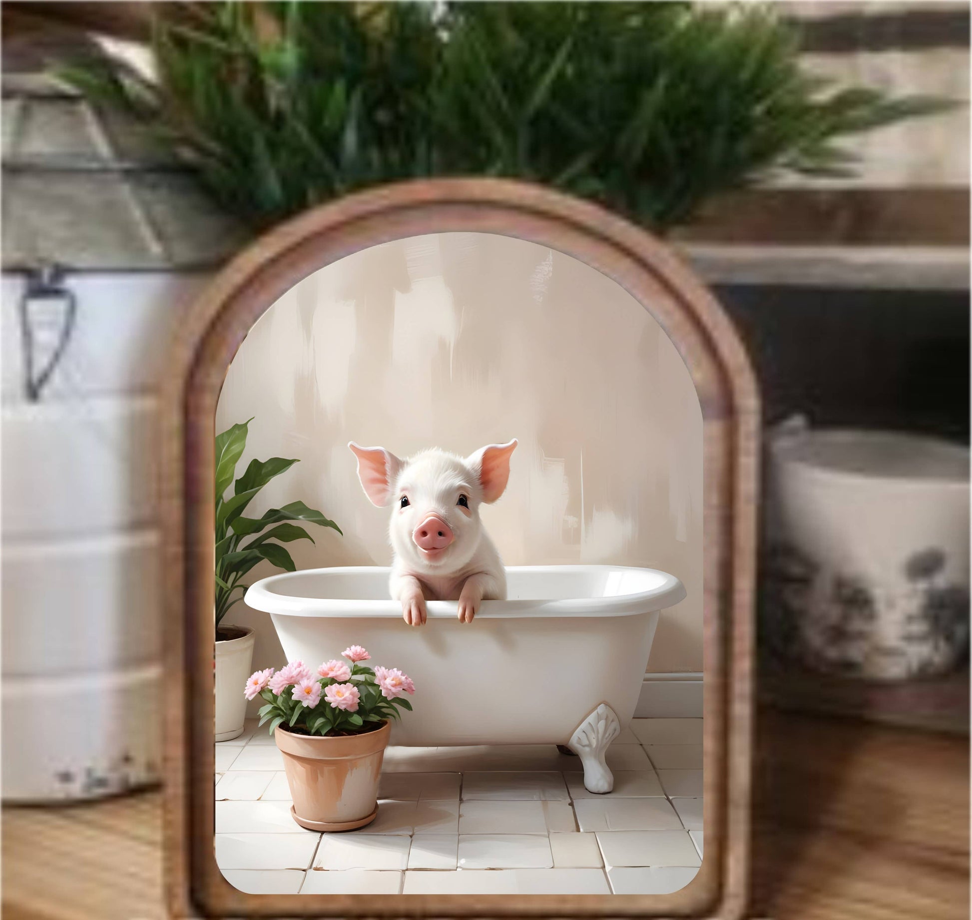 Pig In The Tub Framed Art Arch Top, Feathered Farmhouse