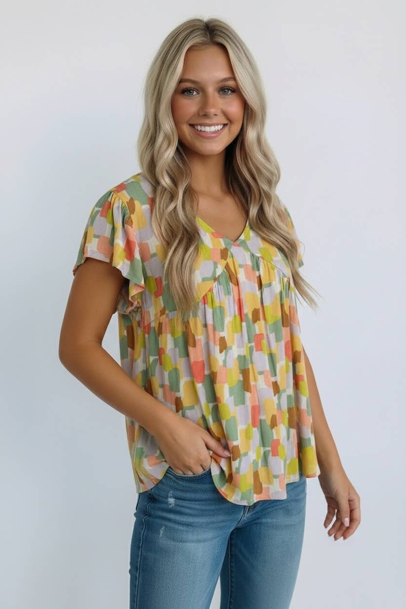 Abstract Print Top, Feathered Farmhouse