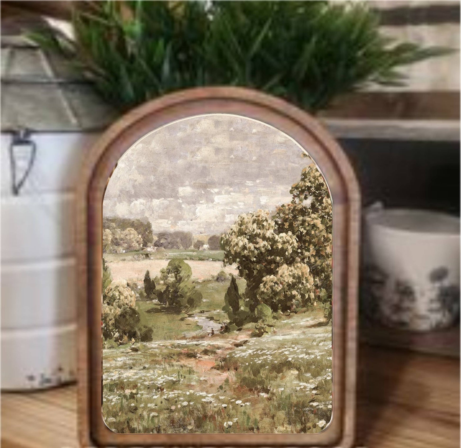 Spring Landscape Framed Art Arch Top, Feathered Farmhouse