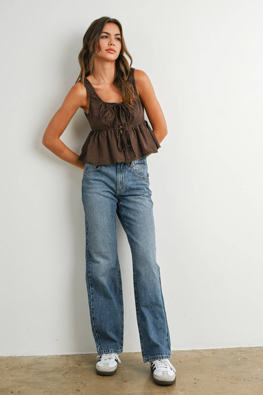 Tie-Front Sleeveless Peplum Top, Feathered Farmhouse