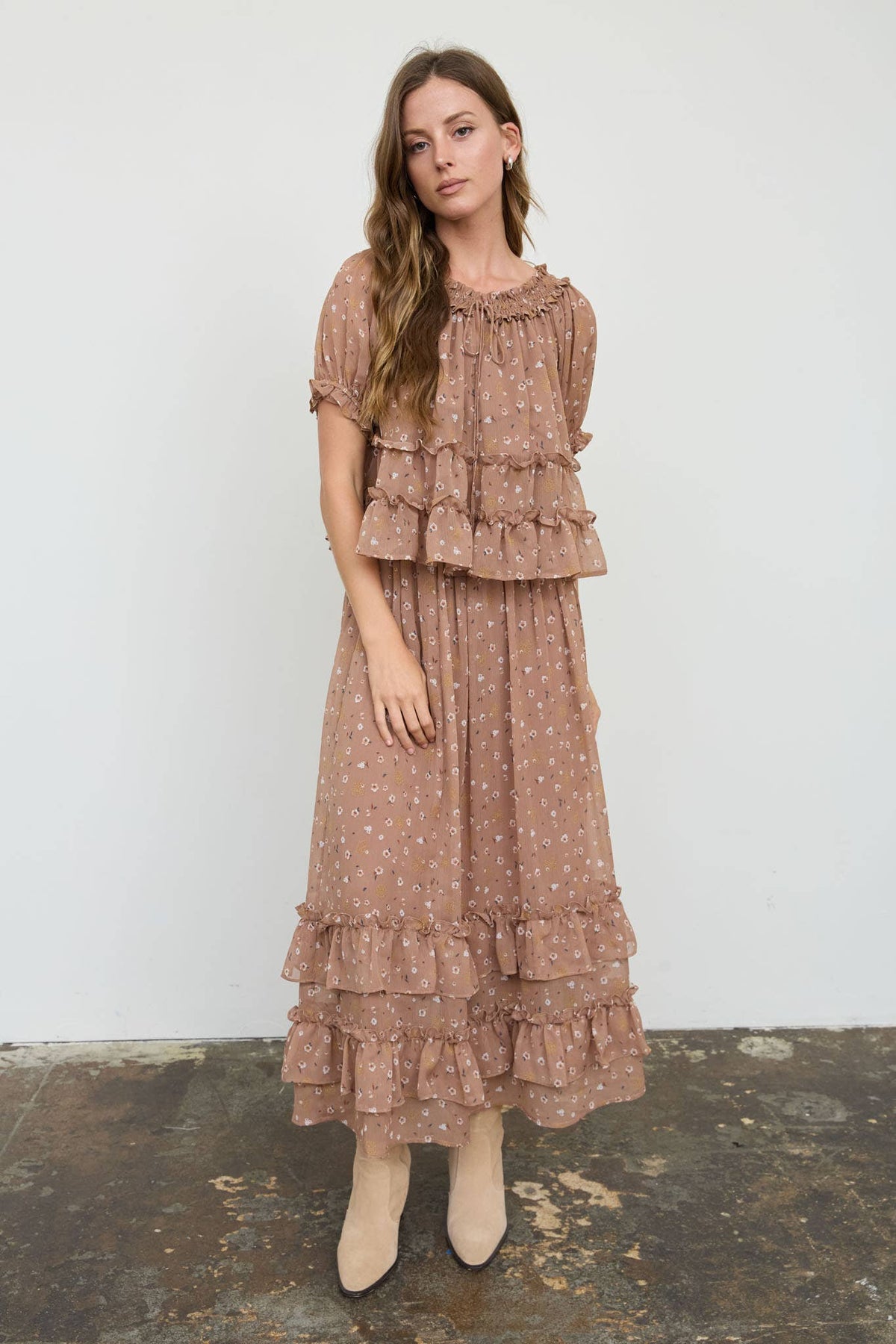 Mocha Floral Ruffled Tiered Hem Midi Skirt, Feathered Farmhouse