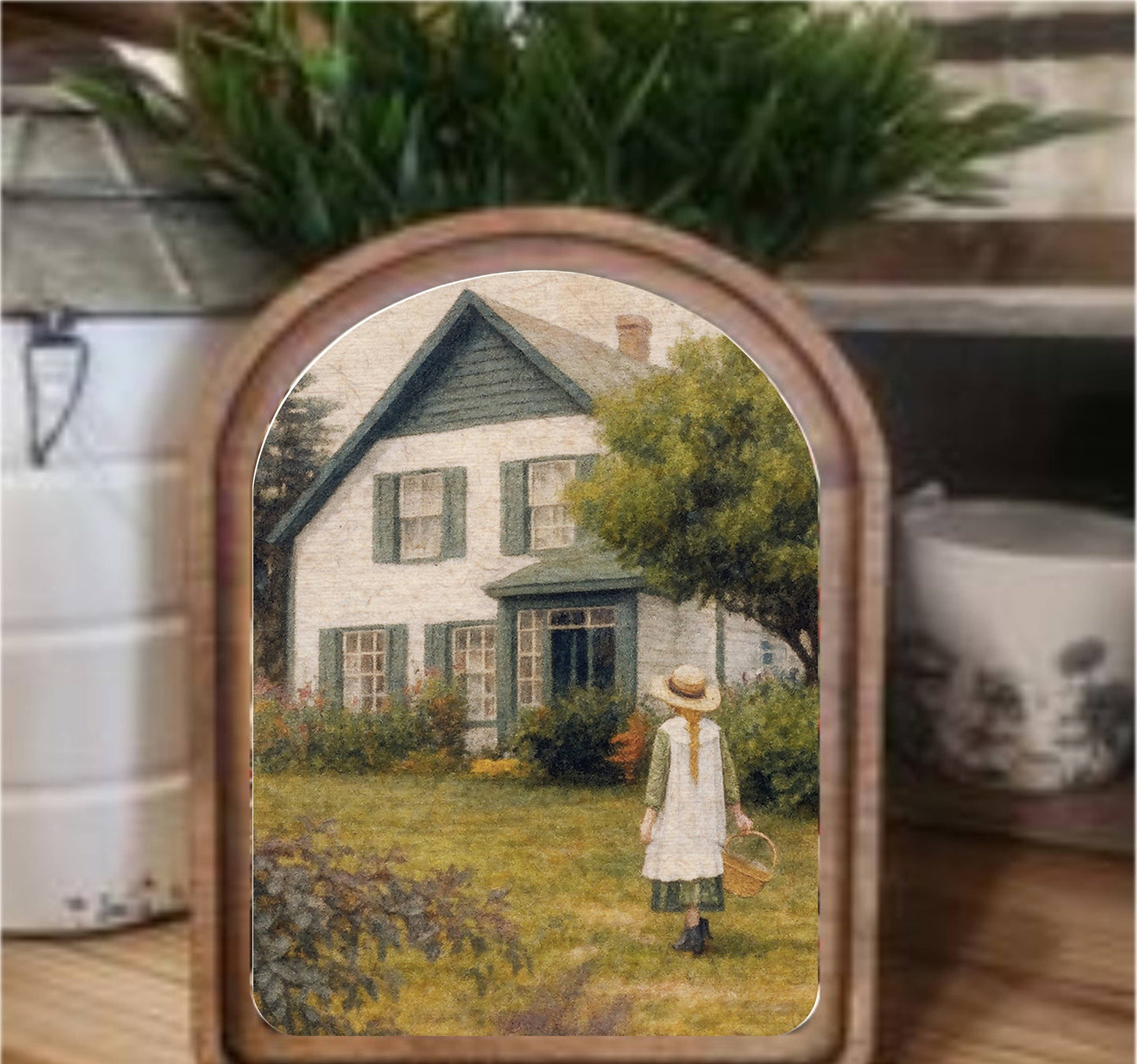 Green Gables Framed Art Arch Top, Feathered Farmhouse