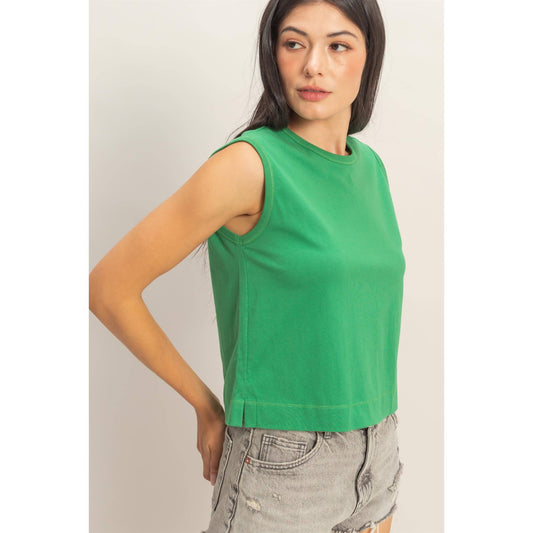 Green Sleeveless Top With Back Pleats, Feathered Farmhouse