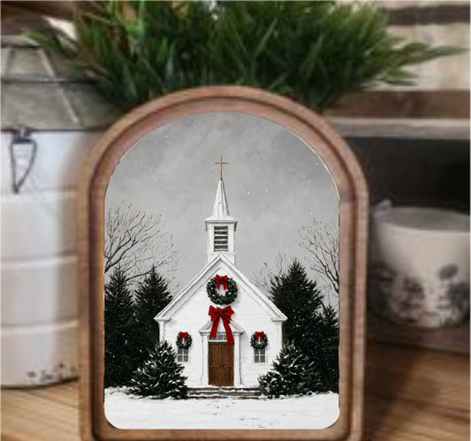Christmas Church Framed Arch Top, Feathered Farmhouse