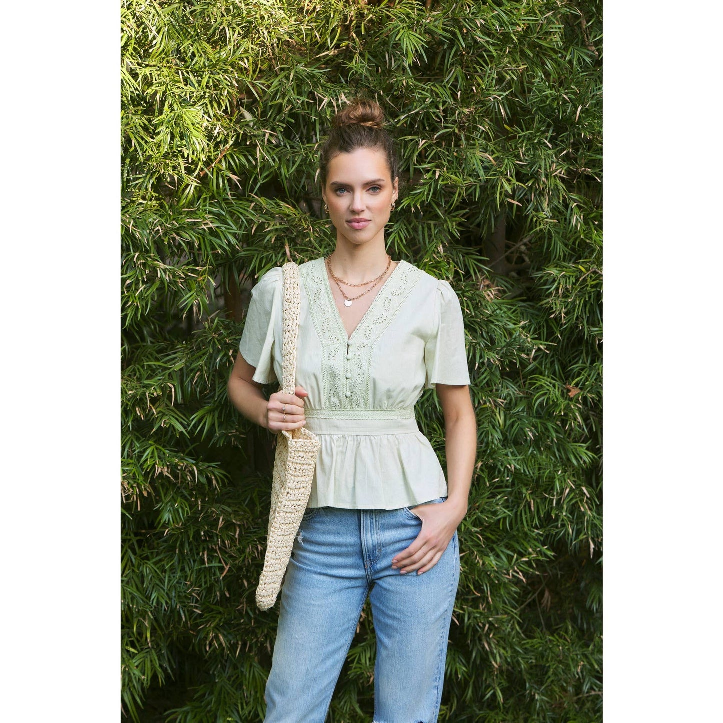 Button-Down Cotton Eyelet Blouse, Feathered Farmhouse