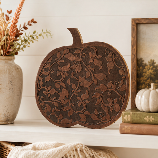 Carved Mango Wood Large Pumpkin, Feathered Farmhouse