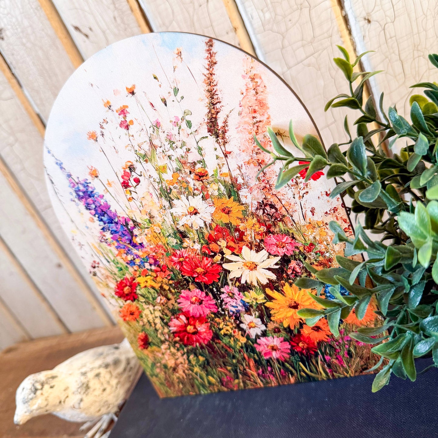 Summer Wildflowers Arched Wood Sign Shelf Sitter, Feathered Farmhouse