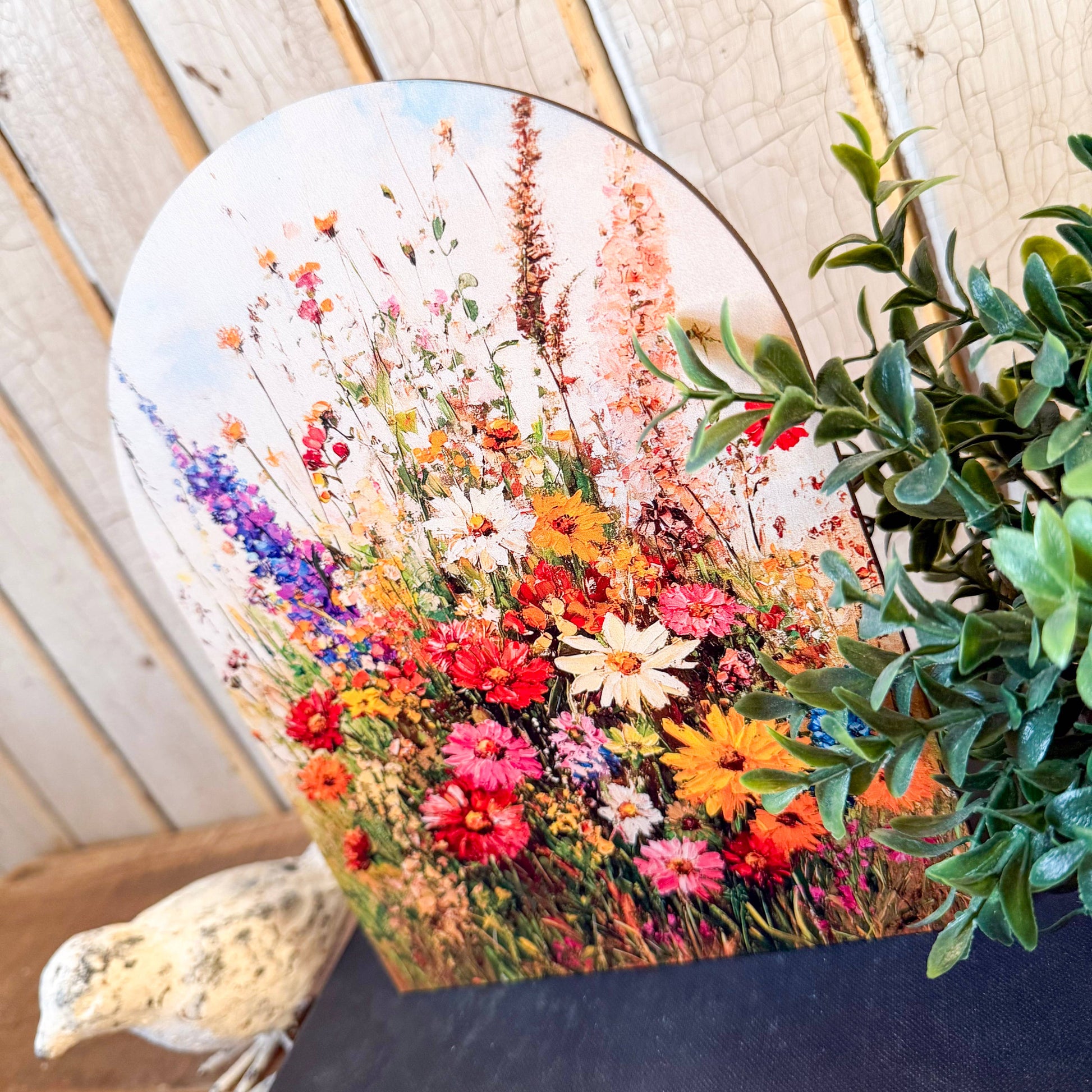 Summer Wildflowers Arched Wood Sign Shelf Sitter, Feathered Farmhouse