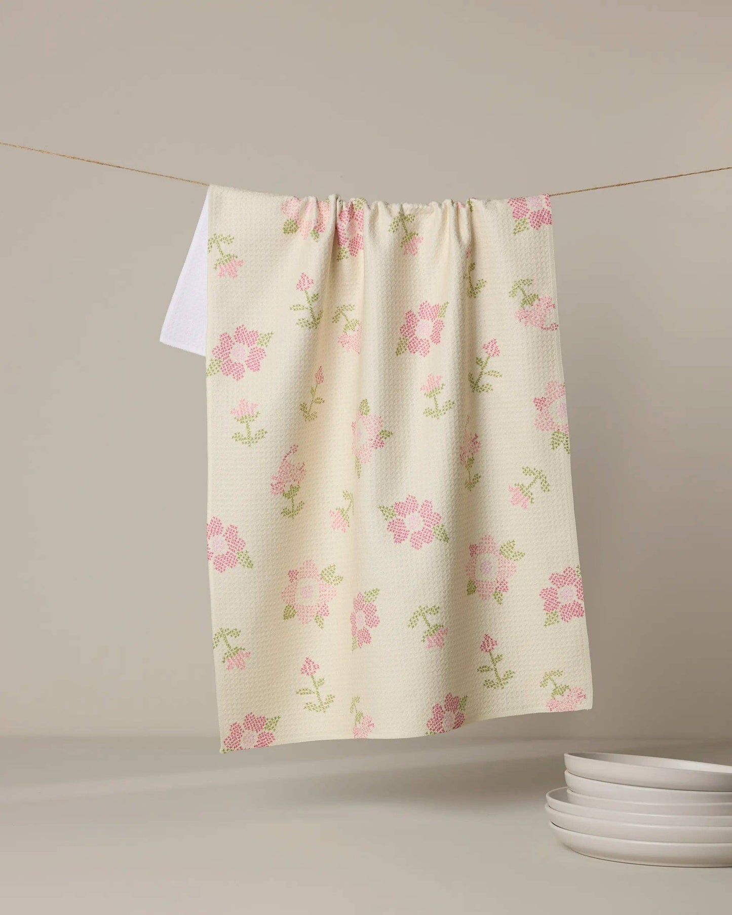 Cross Stitch Floral Yellow Tea Towel, Feathered Farmhouse