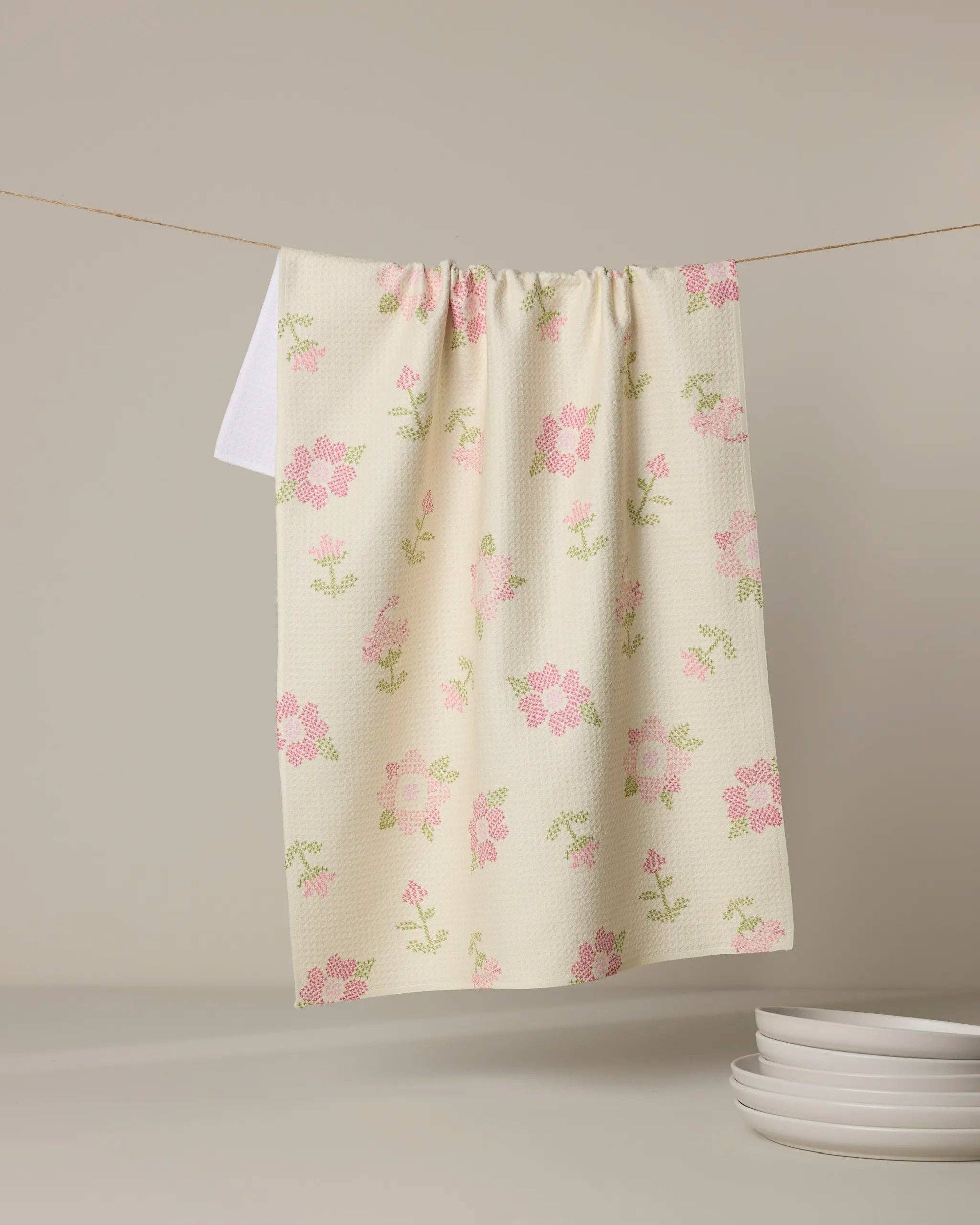 Cross Stitch Floral Yellow Tea Towel, Feathered Farmhouse