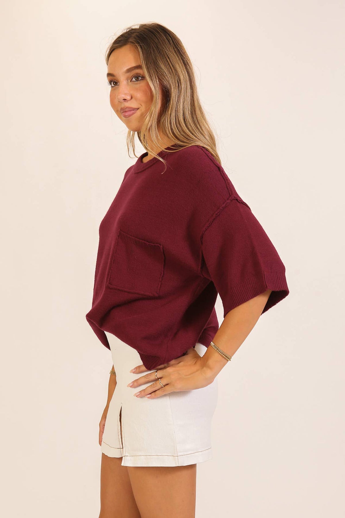 Burgundy Clara Pocket Knit Sweater, Feathered Farmhouse