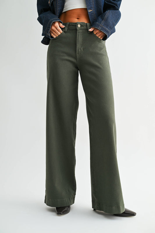 Dark Olive Wide Leg Pants, Feathered Farmhouse