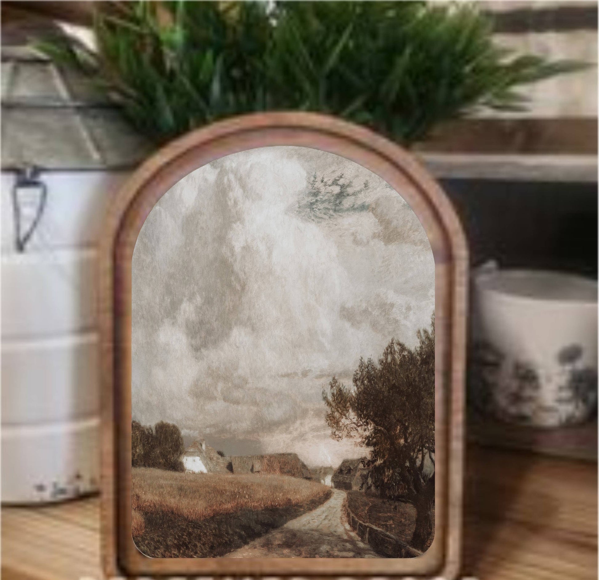 Moody Countryside Framed Art Arch Top, Feathered Farmhouse