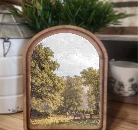 Wagon Landscape Framed Art Arch Top, Feathered Farmhouse